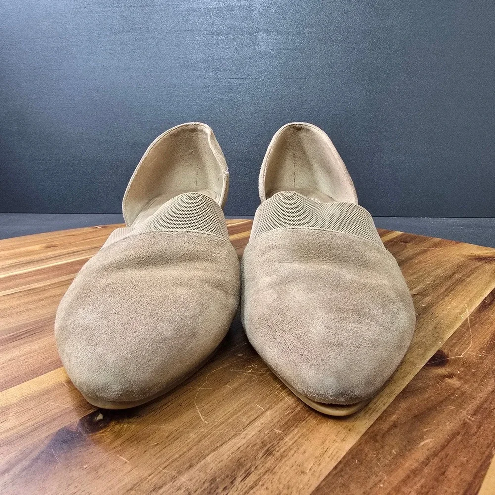 Eileen Fisher Wedge Pumps Womens 8.5 Taupe Suede dOrsay Elastic Strap Minimalist